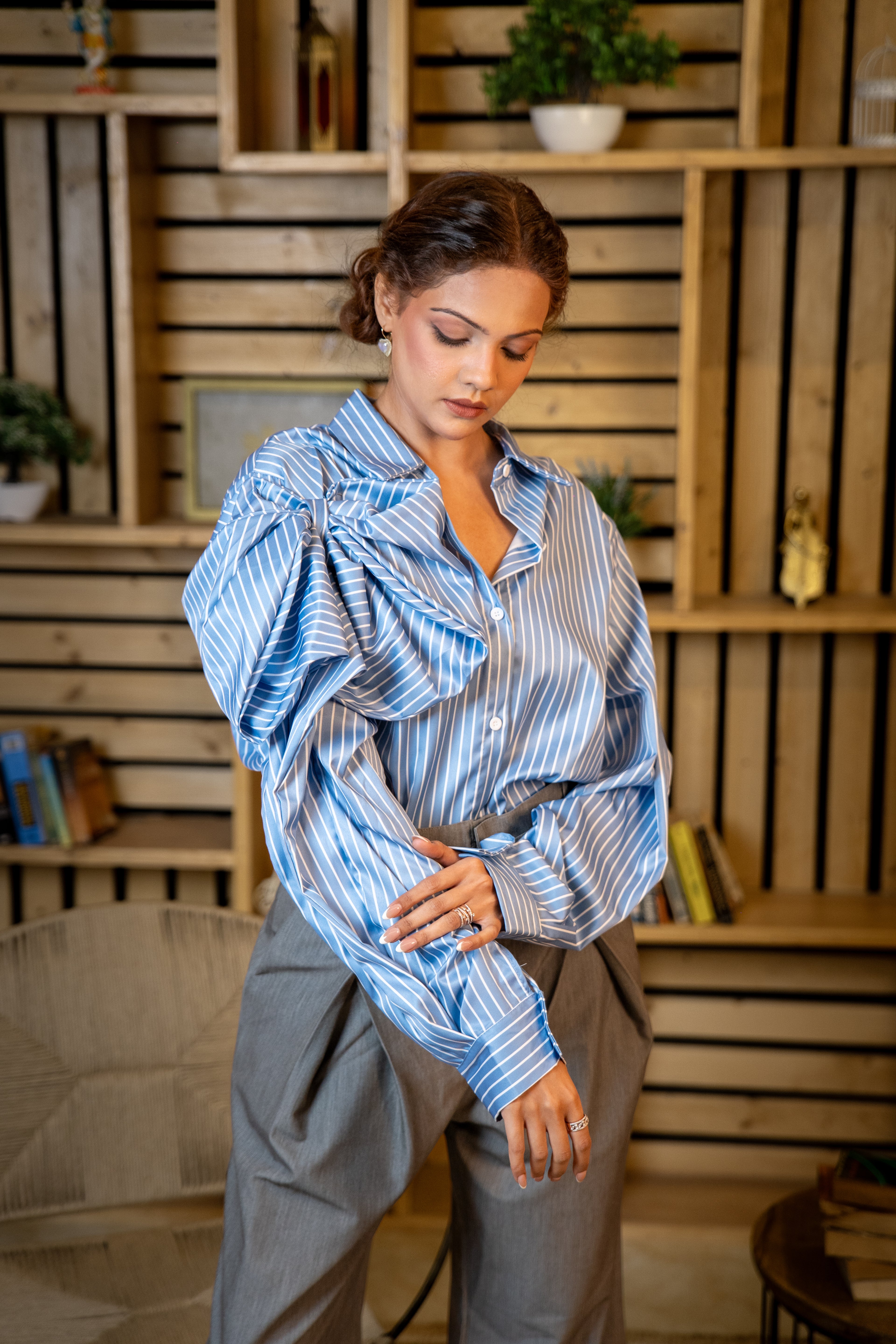 Striped Oversized Blue Shirt with Bow