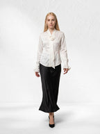 Rosette Satin Shirt: Elegant White Satin Blouse with Flounced Sleeves