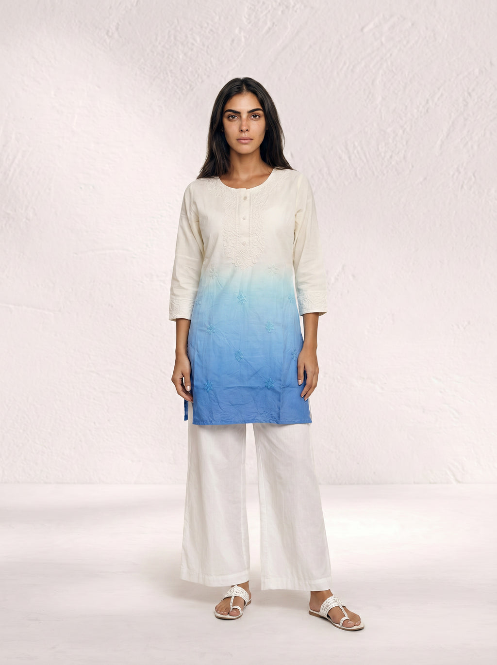 Aqua Bloom Ombre Cotton Kurta for Women