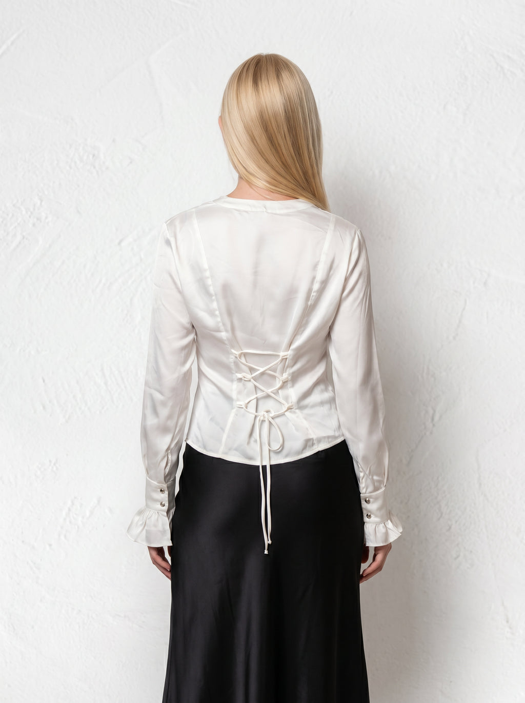 Rosette Satin Shirt: Elegant White Satin Blouse with Flounced Sleeves