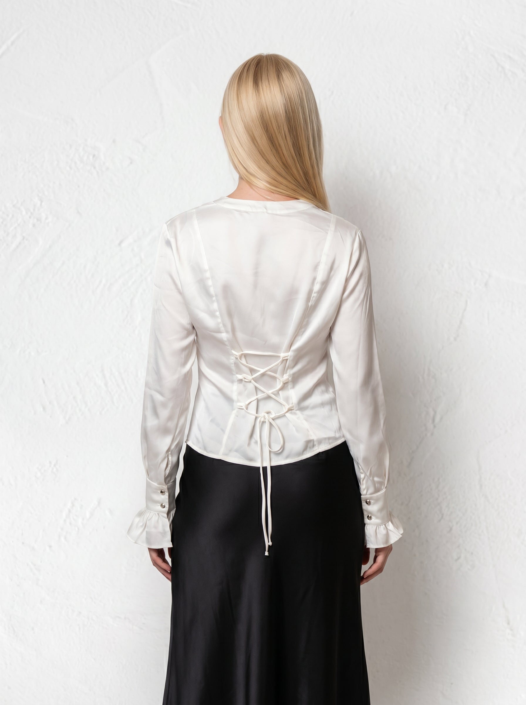 Rosette Satin Shirt: Elegant White Satin Blouse with Flounced Sleeves