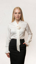 Rosette Satin Shirt: Elegant White Satin Blouse with Flounced Sleeves