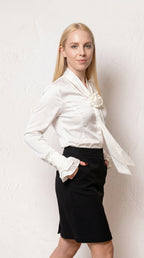 Rosette Satin Shirt: Elegant White Satin Blouse with Flounced Sleeves